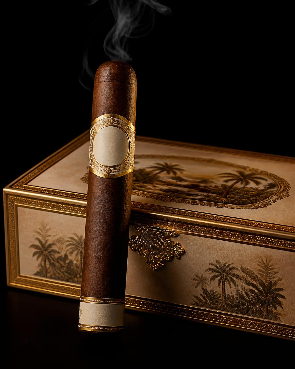 La Aroma de Cuba cigar resting in front of its cigar box on a black background