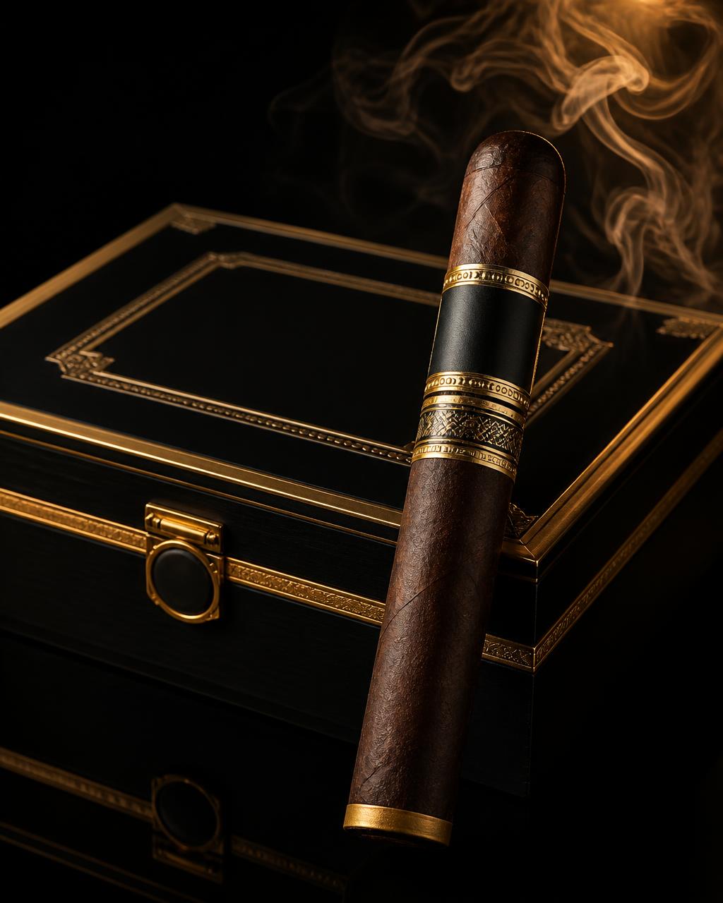 DBL Cigars — Francisco Almonte cigar resting in front of its cigar box on a black background