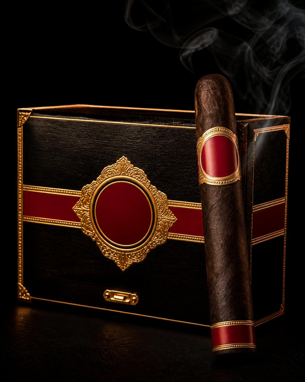 La Flor Dominicana cigar resting in front of its cigar box on a black background