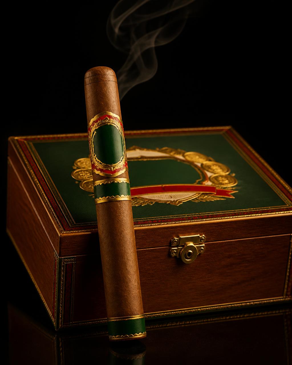 Arturo Fuente cigar resting in front of its cigar box on a black background