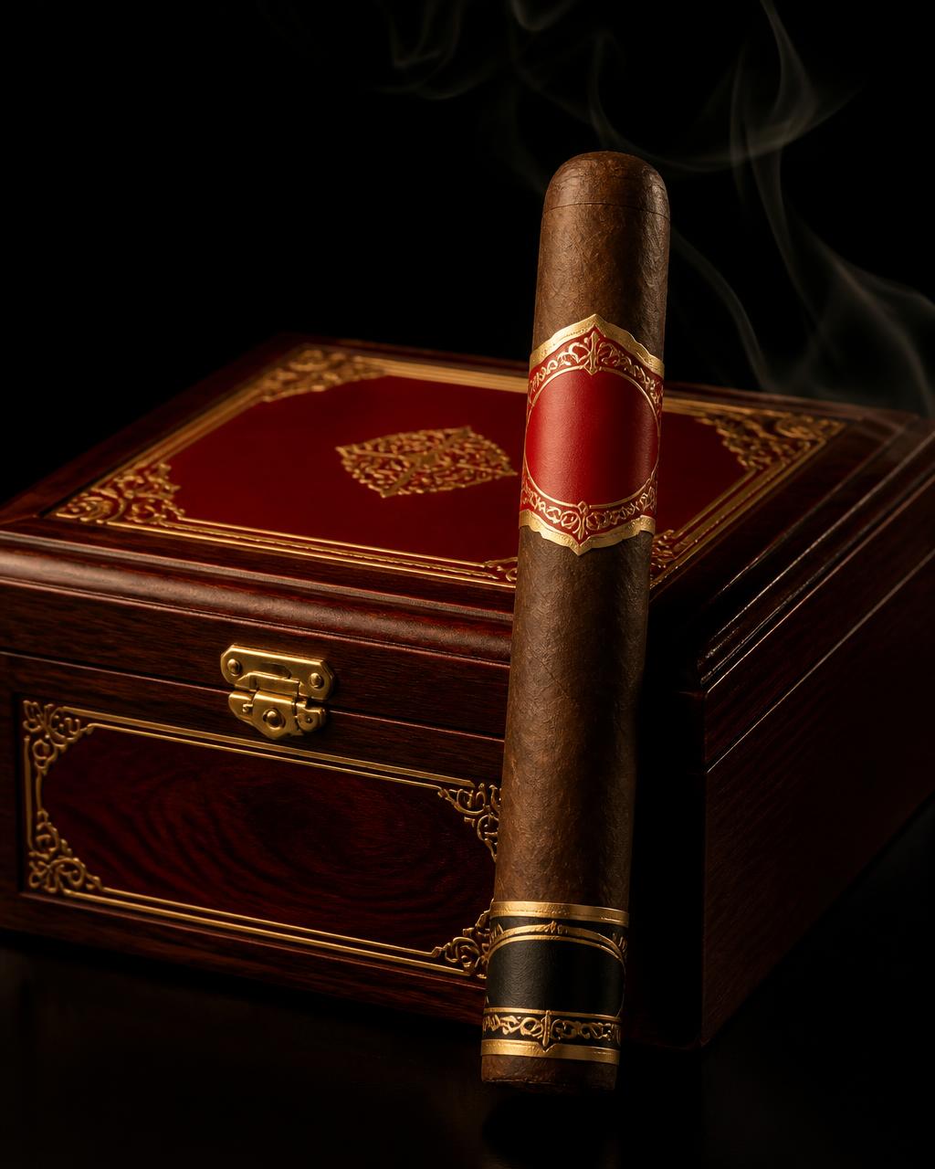 My Father cigar resting in front of its cigar box on a black background