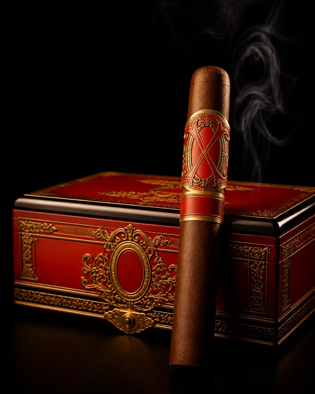 Opus X cigar resting in front of its cigar box on a black background