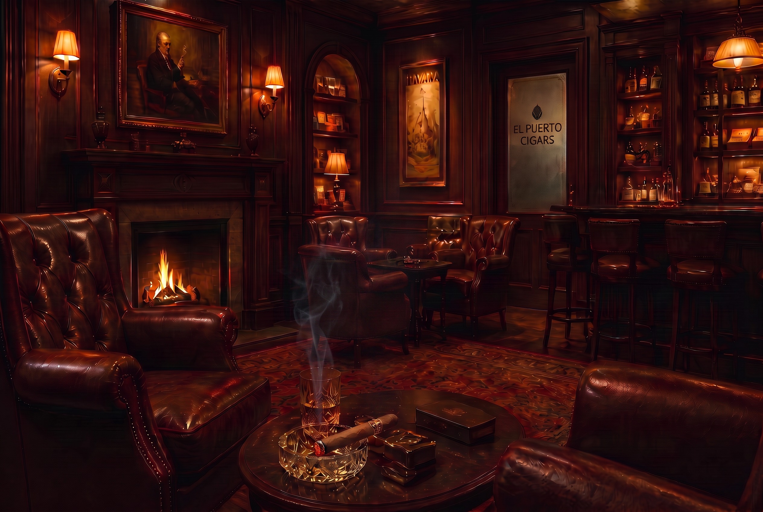 Atmospheric luxury cigar lounge with mahogany walls and leather chairs
